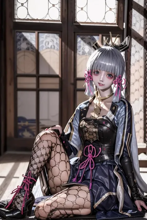 1girl,solo,finger_to_mouth,breasts,looking_at_viewer,cleavage,(heavy makeup:1.2),kamisato ayaka,east asian architecture,(lewd smile:1.2),(lustful:1.2),blue hair,(implied sex:1.2),(hooker:1.2),(full body:1.2),cute,jewelry,gold trim,earrings,<lora:ayaka_r18_realistic:1.4>,