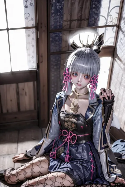 1girl,solo,finger_to_mouth,breasts,looking_at_viewer,cleavage,(heavy makeup:1.2),kamisato ayaka,east asian architecture,(lewd smile:1.2),(:1.2),blue hair,(implied :1.2),(:1.2),(full body:1.2),cute,jewelry,gold trim,earrings,<lora:ayaka_r18_realistic:1.4>,