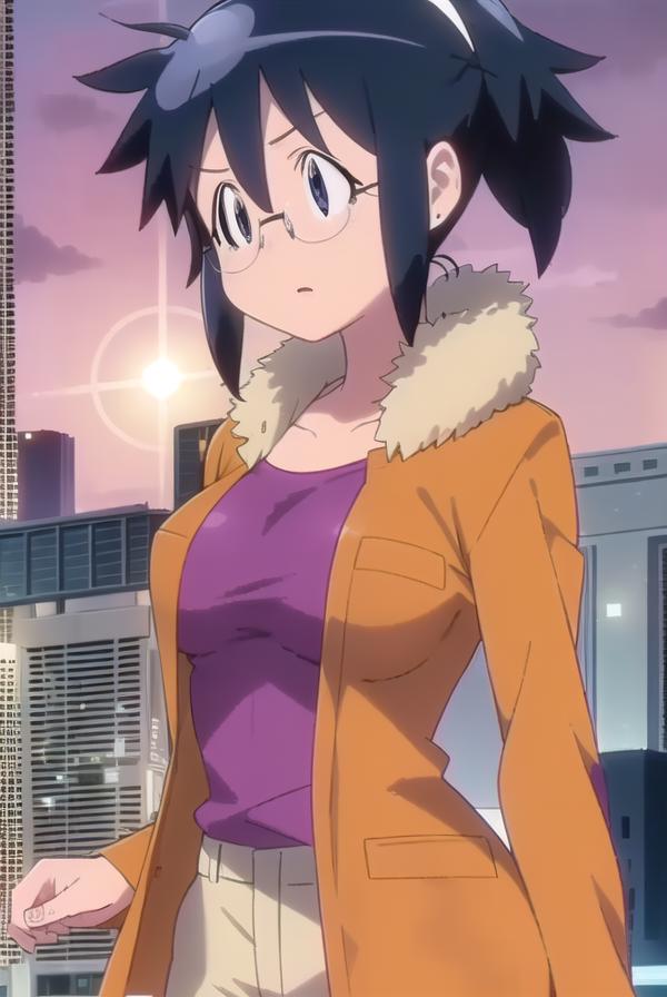 A woman in a purple shirt and tan jacket standing in front of a city ...
