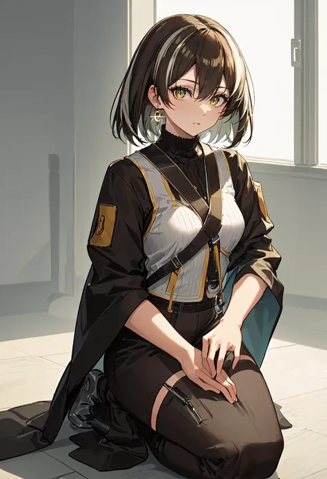 A young girl of about 14 or 15 years old, with long black hair in a high ponytail, a strand of curly golden bangs, green eyes, a delicate and cute face, with blushes at the corners of her eyes, an embarrassed expression, very shy. She was wearing a full-body tight black combat uniform./The top half is a dark blue short jacket with white and black English prints and gold medals on it. There are small weapons on the shoulders and a black tactical belt on the waist. The bottom half is a black tight combat uniform with black gloves. The background is a dark blue technology city with some warm lights. 