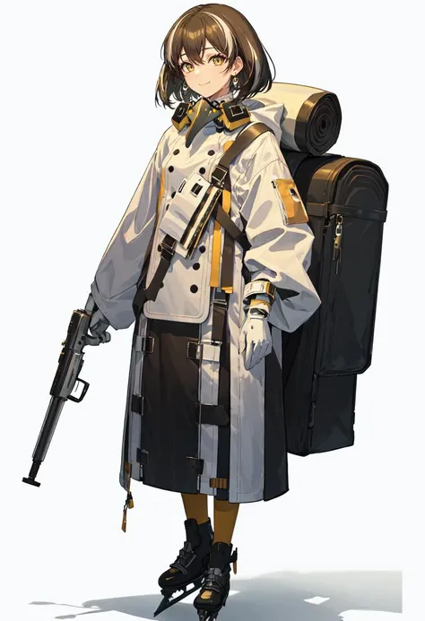 best quality, masterpiece, highres, solo, (magallan_arknights:1.10), 1girl, backpack, long sleeves, mask around neck, white gloves, jewelry, simple background, white background, white coat, looking at viewer, full body, closed mouth, holding, skates, smile, bird mask, standing, 0 <lora:magallan_arknights:0.80>