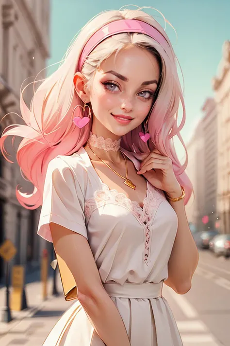 <lora:LorenaB:0.6> 1girl , solo, face focus, headband, lace choker, small heart pendant, earring, light pink lipstick, gentle smile, white shirt, looking at viewer, blurry background, sfw, masterpiece, best quality