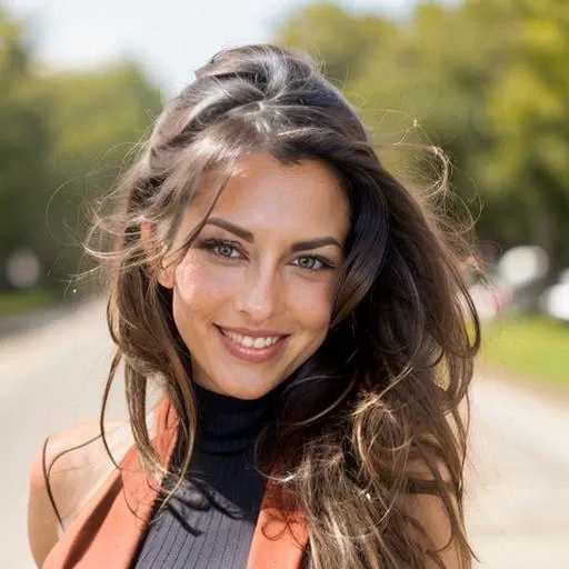 close up portrait of LorenaB as a woman, skinny, gentle smile, blazer, turtleneck shirt, standing, street, sfw, masterpiece, best quality, bust photoshot, face focus <lora:LorenaB-03:1>