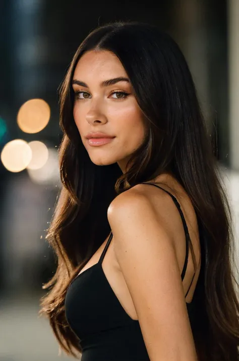 a photo of madison beer woman, straight long black hair, perfect face and body, candid photo, ((dynamic pose)), hands in hair, nighttime, spaghetti strap dress, film grain, cinematic, lens bokeh, epic composition, natural lighting, photography, hyperrealistic, double exposure, blurry, motion blur, absurdres, highres, high quality, best quality, masterpiece, intricate, detailed eyes and face <lora:madison beer:0.8>