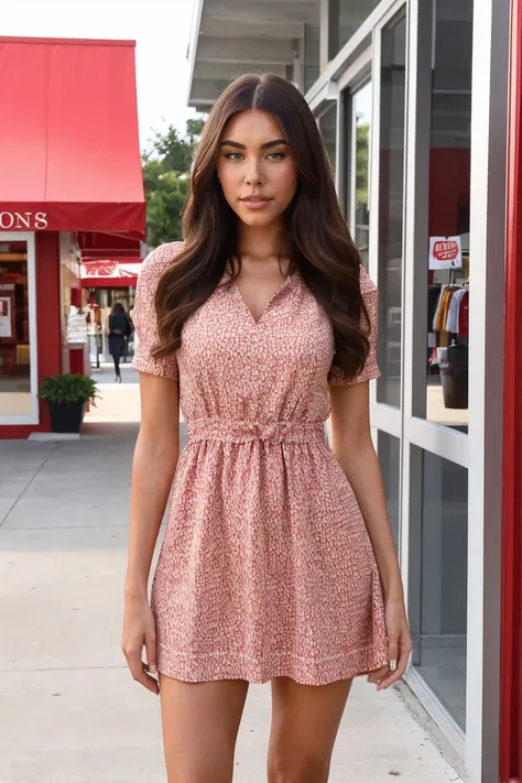 full body photo of madison beer woman, wearing a cute red dress, outside at the store, long brown middle parted hair, extremely detailed, intricate detail, fine detail, careful detail, masterpiece, best quality, ultra-detailed <lora:Madison Beer 14-000006:0.7>