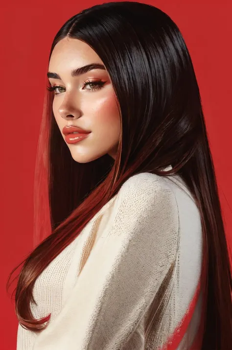 a photo of madison beer woman, a girl, illustration , cover art , (((red))) , portrait , red background , red splash<lora:madison beer:0.8>