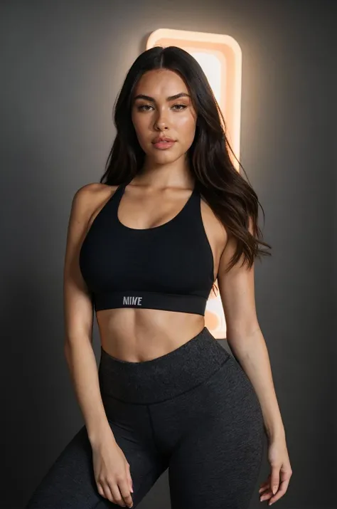 Mulher de top preto e bermuda branca encostada em uma parede, em forma, modelo fitness, bra black, foto fit, Encaixe figura delicada, foto de modelo de slim, Esporte bom, tanque preto apertado, corpo atraente, Retrato Sophie Mudd, mulher em forma, corpo em forma, modelo feminino bonito, tampo preto, sports bra, tiny black bra