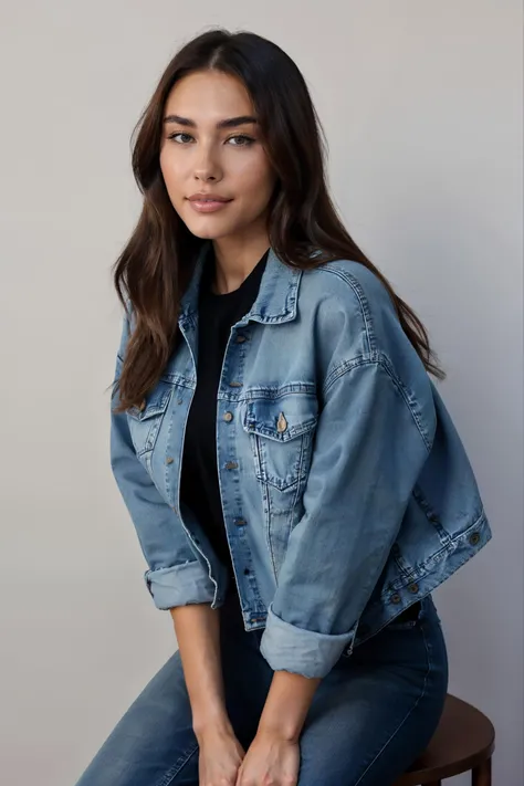 masterpiece, best quality, young madison_beer woman, wearing blue denim jacket, black shirt, jeans, portrait,looking at viewer, simple background   <lora:MadisonBeer:0.7>