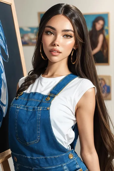 photo of madison beer woman, 1girl, full body, long braided hair, modeling, dynamic pose, artist in her atelier, detailed face,detaied skin,beautiful detailed eyes, detailed lip, workshop, paint, natural skin texture, (dynamic pose:0.3), petite, artist, detailed background, (busy background:1.2), colorful, messy,blue overalls,depth of field <lora:madison beer-000006:0.7>
