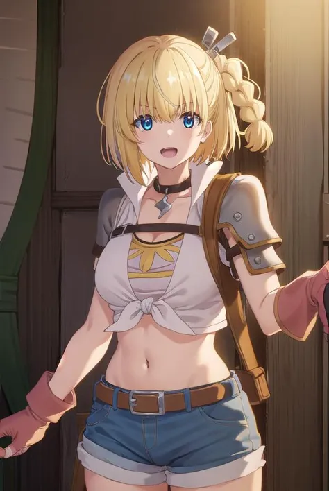 vendinglammis, <lora:vending lammis s1-lora-nochekaiser:1>,
lammis, short hair, bangs, blue eyes, blonde hair, multicolored hair, streaked hair, braid, single braid, one side up, smile, open mouth,
BREAK shirt, gloves, navel, cleavage, white shirt, shorts, sleeveless, choker, midriff, belt, fingerless gloves, crop top, short shorts, sleeveless shirt, brown gloves, red gloves, blue shorts, denim shorts, black belt, brown belt,
BREAK outdoors,
BREAK looking at viewer, (cowboy shot:1.5),
BREAK <lyco:GoodHands-beta2:1>, (masterpiece:1.2), best quality, high resolution, unity 8k wallpaper, (illustration:0.8), (beautiful detailed eyes:1.6), extremely detailed face, perfect lighting, extremely detailed CG, (perfect hands, perfect anatomy),
