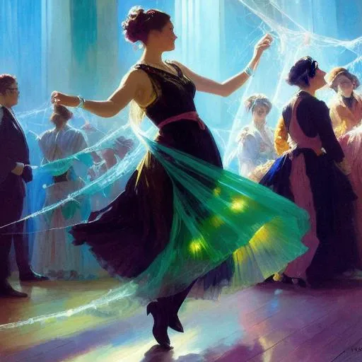 a beautiful woman is dancing on stage, colorful lights, at a party, Cobwebber, in the painting style of Anders Zorn, James Tissot, Jeremy Lipking, Marc Simonetti, Peter Paul Rubens, Ryan Pancoast, WLOP,