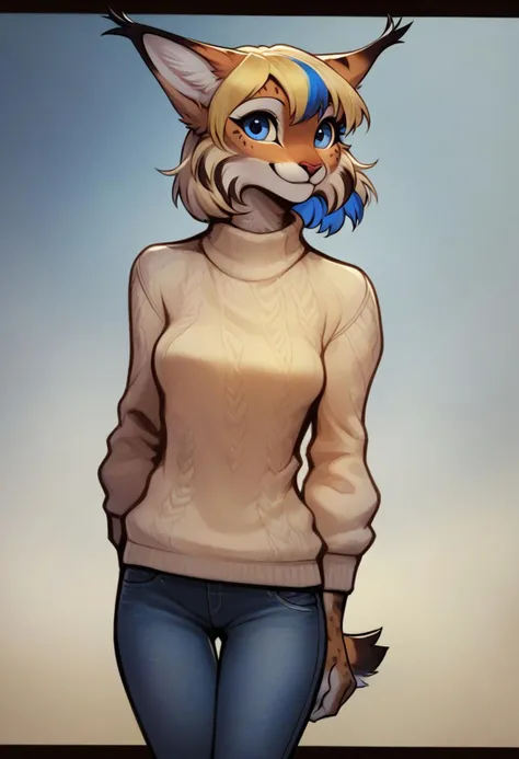 digital_media_(artwork) hi_res, score_9, score_8_up, score_7_up, score_6_up, score_5_up, score_4_up, rating_safe, anthro, furry, female, furry female, detailed textured fur, fur tufts, lynx, slim, slender, small breasts, cute, sweater, denim jeans, multicolor hair, streaked hair, red hair, blue hair, blonde hair, blonde fur, detailed blue eyes, smile, solo, SFW, letterboxed,