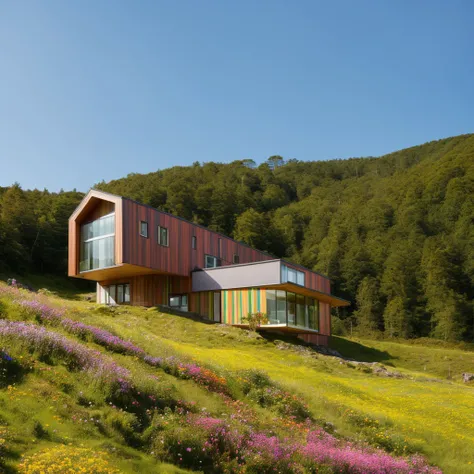 a small and beautiful modern house on a slope of a green hill, the hill has millions of tiny colorful wild flowers, blue sky as background, high details, masterpiece, highres, best quality
