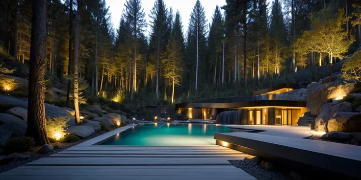 masterpiece,best quality,tree,duorou,grass,flower,rock,night,HDR,UHD,8K,best quality,masterpiece,Highly detailed,Studio lighting,sharp focus,HDR-based rendering,UK il,extreme-description,laowang,Beautiful composition,a modern courtyard,black villa architecture,surrounded by secret mountains and forests,the villa is in the forest,a peaceful atmosphere,forest wind,advanced sense,warm furniture decoration inside the building,there is a leisure card seat area,there is a fireplace in the middle of the card holder,there is a flame,stone interspersed with plant clusters,harklight,creative stacked water features,Comfortable scale,creative layout,Steps,stylized pines,moody,zen,relaxing,Overall black color scheme with modern water feature,Waterfalls,gravel,Rich plant groupings,Richly layered space with plenty of functional space,Best Lighting <lora:sNfo^blora_1.0:0.7>