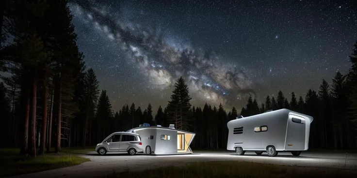 modern architecture style, photo realistic, noon(s), light milky way in the sky, big caravan vehicle with dragging car, single building,(night:1.3),forest, masterpiece, best quality, highres,