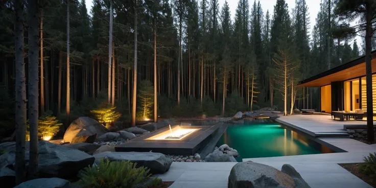 masterpiece,best quality,tree,duorou,grass,flower,rock,night,HDR,UHD,8K,best quality,masterpiece,Highly detailed,Studio lighting,sharp focus,HDR-based rendering,UK il,extreme-description,laowang,Beautiful composition,a modern courtyard,black villa architecture,surrounded by secret mountains and forests,the villa is in the forest,a peaceful atmosphere,forest wind,advanced sense,warm furniture decoration inside the building,there is a leisure card seat area,there is a fireplace in the middle of the card holder,there is a flame,stone interspersed with plant clusters,harklight,creative stacked water features,Comfortable scale,creative layout,Steps,stylized pines,moody,zen,relaxing,Overall black color scheme with modern water feature,Waterfalls,gravel,Rich plant groupings,Richly layered space with plenty of functional space,Best Lighting <lora:sNfo^blora_1.0:0.7>