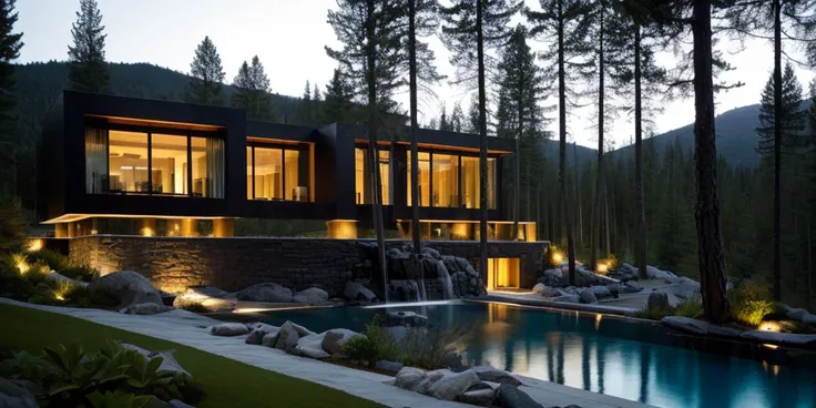 masterpiece,best quality,tree,duorou,grass,flower,rock,night,HDR,UHD,8K,best quality,masterpiece,Highly detailed,Studio lighting,sharp focus,HDR-based rendering,UK il,extreme-description,laowang,Beautiful composition,a modern courtyard,black villa architecture,surrounded by secret mountains and forests,the villa is in the forest,a peaceful atmosphere,forest wind,advanced sense,warm furniture decoration inside the building,there is a leisure card seat area,there is a fireplace in the middle of the card holder,there is a flame,stone interspersed with plant clusters,harklight,creative stacked water features,Comfortable scale,creative layout,Steps,stylized pines,moody,zen,relaxing,Overall black color scheme with modern water feature,Waterfalls,gravel,Rich plant groupings,Richly layered space with plenty of functional space,Best Lighting <lora:sNfo^blora_1.0:0.7>