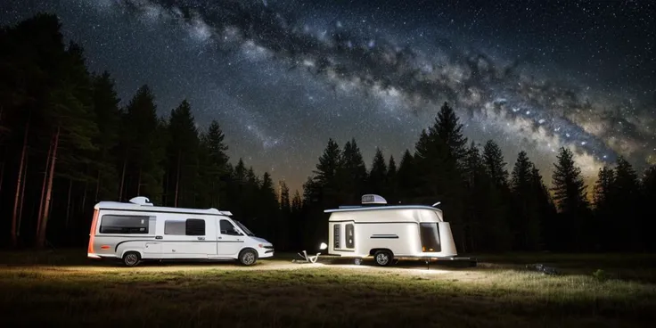 modern architecture style, photo realistic, noon(s), light milky way in the sky, big caravan vehicle with dragging car, single building,(night:1.3),forest, masterpiece, best quality, highres,