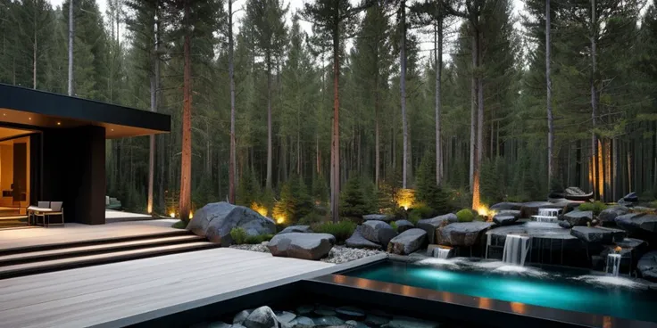 masterpiece,best quality,tree,duorou,grass,flower,rock,night,HDR,UHD,8K,best quality,masterpiece,Highly detailed,Studio lighting,sharp focus,HDR-based rendering,UK il,extreme-description,laowang,Beautiful composition,a modern courtyard,black villa architecture,surrounded by secret mountains and forests,the villa is in the forest,a peaceful atmosphere,forest wind,advanced sense,warm furniture decoration inside the building,there is a leisure card seat area,there is a fireplace in the middle of the card holder,there is a flame,stone interspersed with plant clusters,harklight,creative stacked water features,Comfortable scale,creative layout,Steps,stylized pines,moody,zen,relaxing,Overall black color scheme with modern water feature,Waterfalls,gravel,Rich plant groupings,Richly layered space with plenty of functional space,Best Lighting <lora:sNfo^blora_1.0:0.7>