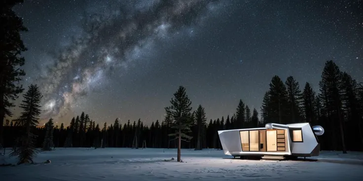 modern architecture style, photo realistic, milky way in the sky, caravan vehicle, single building,(night:1.3),forest, masterpiece, best quality, highres,