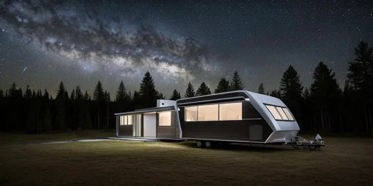modern architecture style, photo realistic, milky way in the sky, big caravan vehicle with dragging car, single building,(night:1.3),forest, masterpiece, best quality, highres,