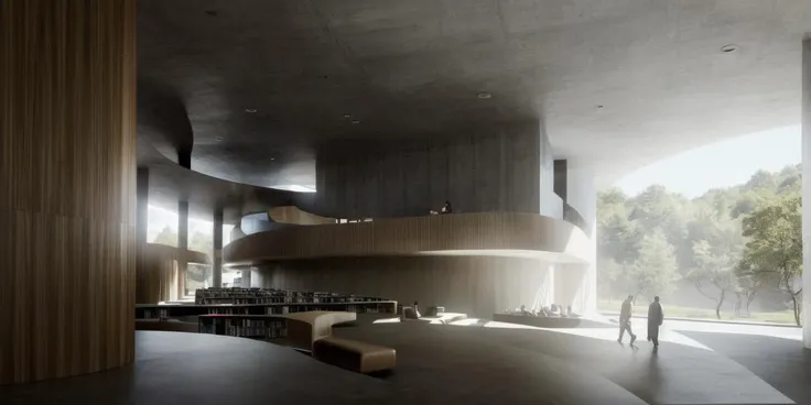 a library designed by tadao ando, ((masterpiece, best quality)), 8k, modern architecture style, photo realistic, hyper detailed photo, <lora:tadao Ando 15:0.2>