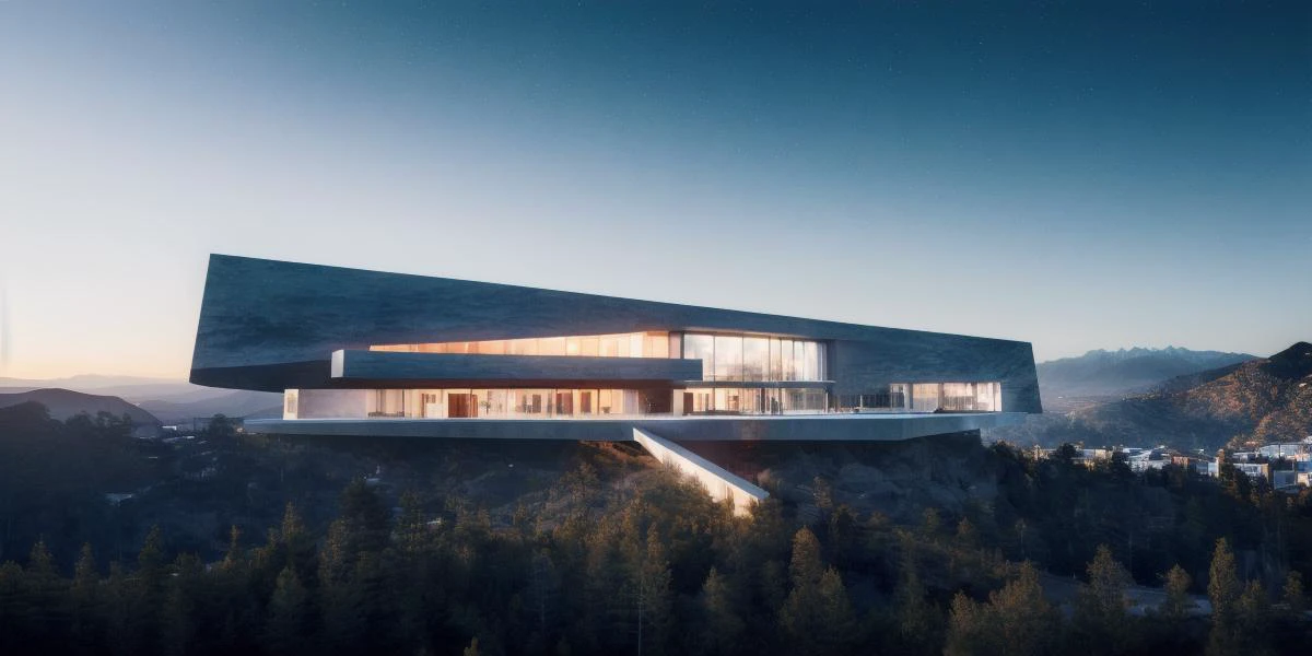 ((masterpiece, best quality)), 8k, modern architecture style, photo realistic, hyper detailed photo, clean sky, human perspective, single box,single building,(night:1.3),mountain