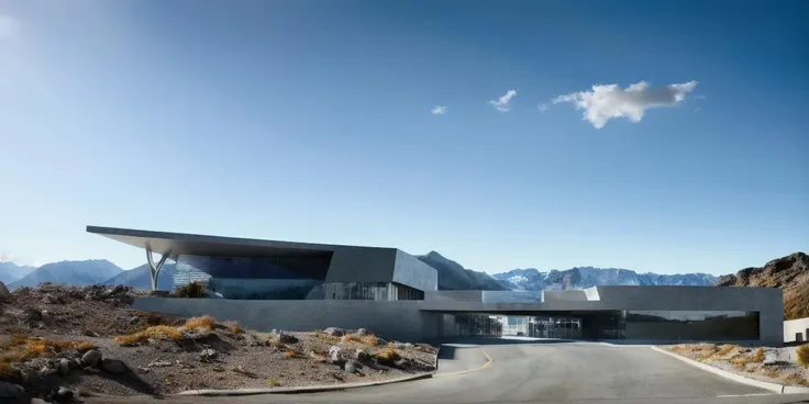 ((masterpiece, best quality)), 8k, modern architecture style, photo realistic, hyper detailed photo, clean sky, human perspective, single box,single building,(day:1.3),mountain
