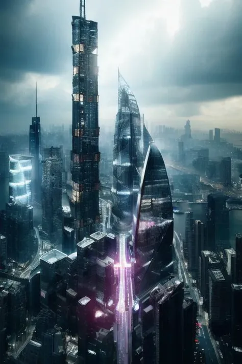 ((masterpiece, best quality)), the view of a big city full of skyscrapers from an ultramodern department at night. photorealistic. cinematic illumination. dramatic illumination. , 8k, modern architecture style, photo realistic, hyper detailed photo, clean sky, ruined city, cyberpunk,night,rain