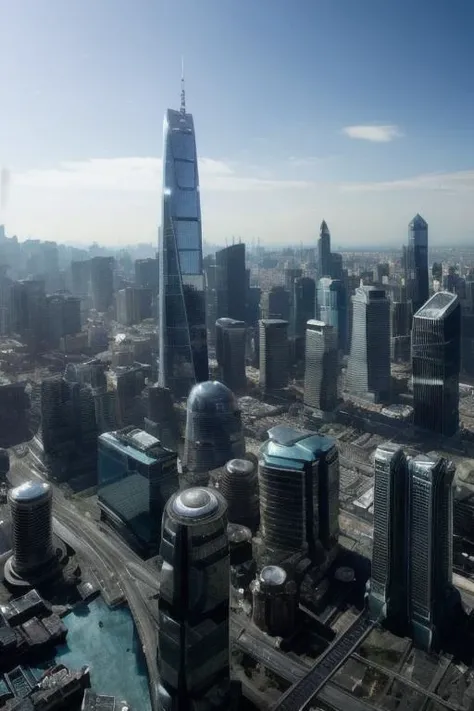((masterpiece, best quality)), scifi business district, mirrored metropolis, pretty blue sky, cirrus clouds over a future cityscape, beautiful clear day with cirrus clouds, dynamic skies, wide angle, high density ,8K, 4k, modern architecture style,cumulus clouds, cyberpunk skyscrapers, intricate detailed windows, office lights, photo realistic, in the style of Tod Gore, lots of street lights, hyper detailed photo, ruined city, cyberpunk, city planning, RAW, Fujifilm, iso 200, f2.4