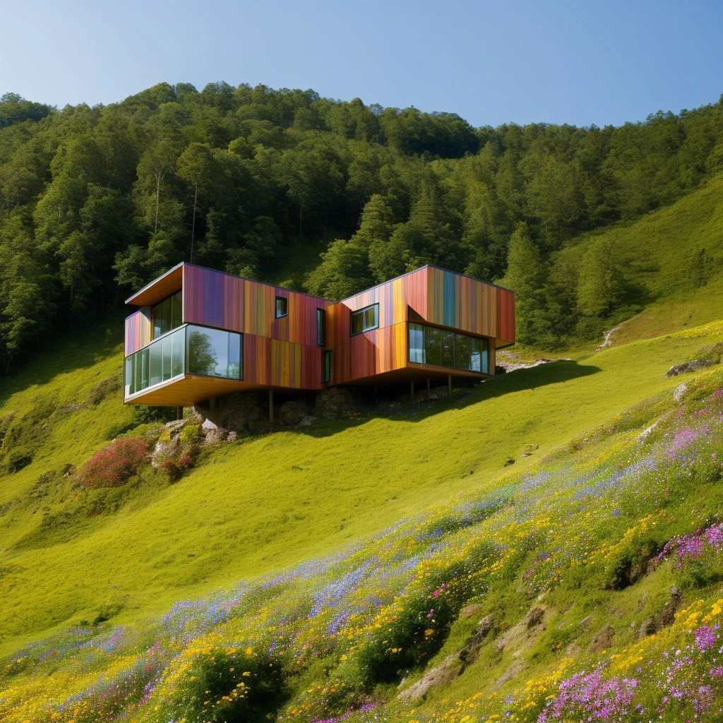 a small and beautiful modern house on a slope of a green hill, the hill has millions of tiny colorful wild flowers, blue sky as background, high details, masterpiece, highres, best quality