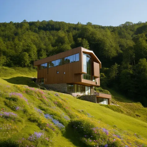 a small and beautiful modern house on a slope of a green hill, the hill has millions of tiny wild flowers, blue sky as background, high details, masterpiece, highres, best quality