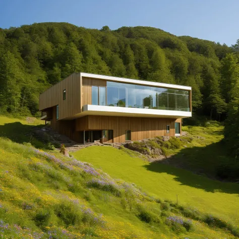 a small and beautiful modern house on a slope of a green hill, the hill has millions of tiny wild flowers, blue sky as background, high details, masterpiece, highres, best quality