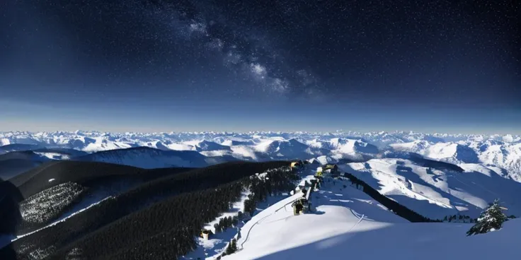 8k, breathtaking, view at the mountain top, great sense of scale, view of the stars, masterpiece, highly detailed, undefined, snow, clear, style-nebmagic.