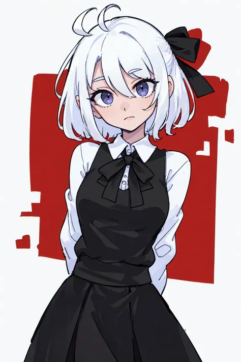 ((masterpiece, best quality)), (1girl), (solo), (female focus), (ahoge, white hair, short hair), black eyes, ((white shirt), (buttoned shirt)), ((black skirt), (short skirt)), standing, white background, arms behind back