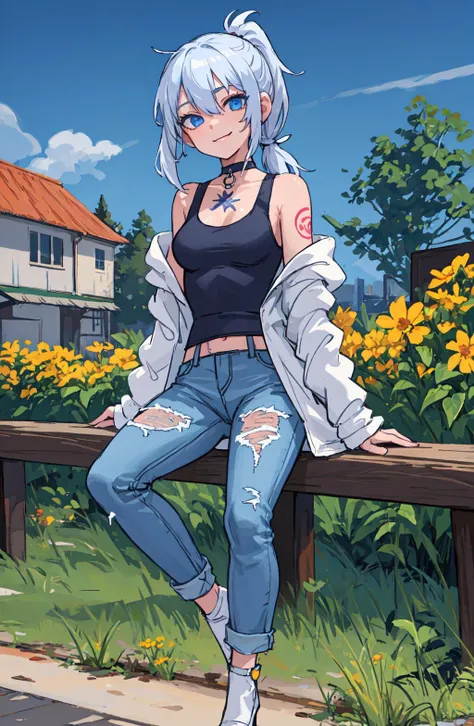 best quality, high resolution, distinct image, concept art, 1girl, solo, sitting, looking at viewer, smile, white hair, outdoors, on ground, full body, sunlight, dappled sunlight, day, depth of field, (pretty girl:1.4), (small breasts:1.2), (jacket), (sleeveless hood), blue eyes, Indigo hair, choker, tattoo, jeans, (short half ponytail:1.4), Fireworks