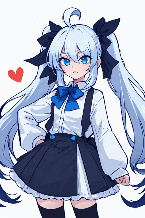 (best quality, masterpiece), 1girl, (female focus), ahoge, white blue hair, ((white shirt), (overfit shrit)), long hair, standing, twintails, white background