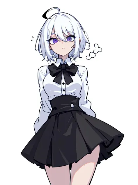 ((masterpiece, best quality)), (1girl), (solo), (female focus), (ahoge, white hair, short hair), black eyes, ((white shirt), (buttoned shirt)), ((black skirt), (short skirt)), standing, white background, arms behind back,