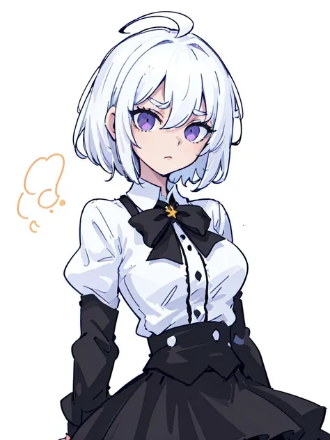 ((masterpiece, best quality)), (1girl), (solo), (female focus), (ahoge, white hair, short hair), black eyes, ((white shirt), (buttoned shirt)), ((black skirt), (short skirt)), standing, white background, arms behind back,