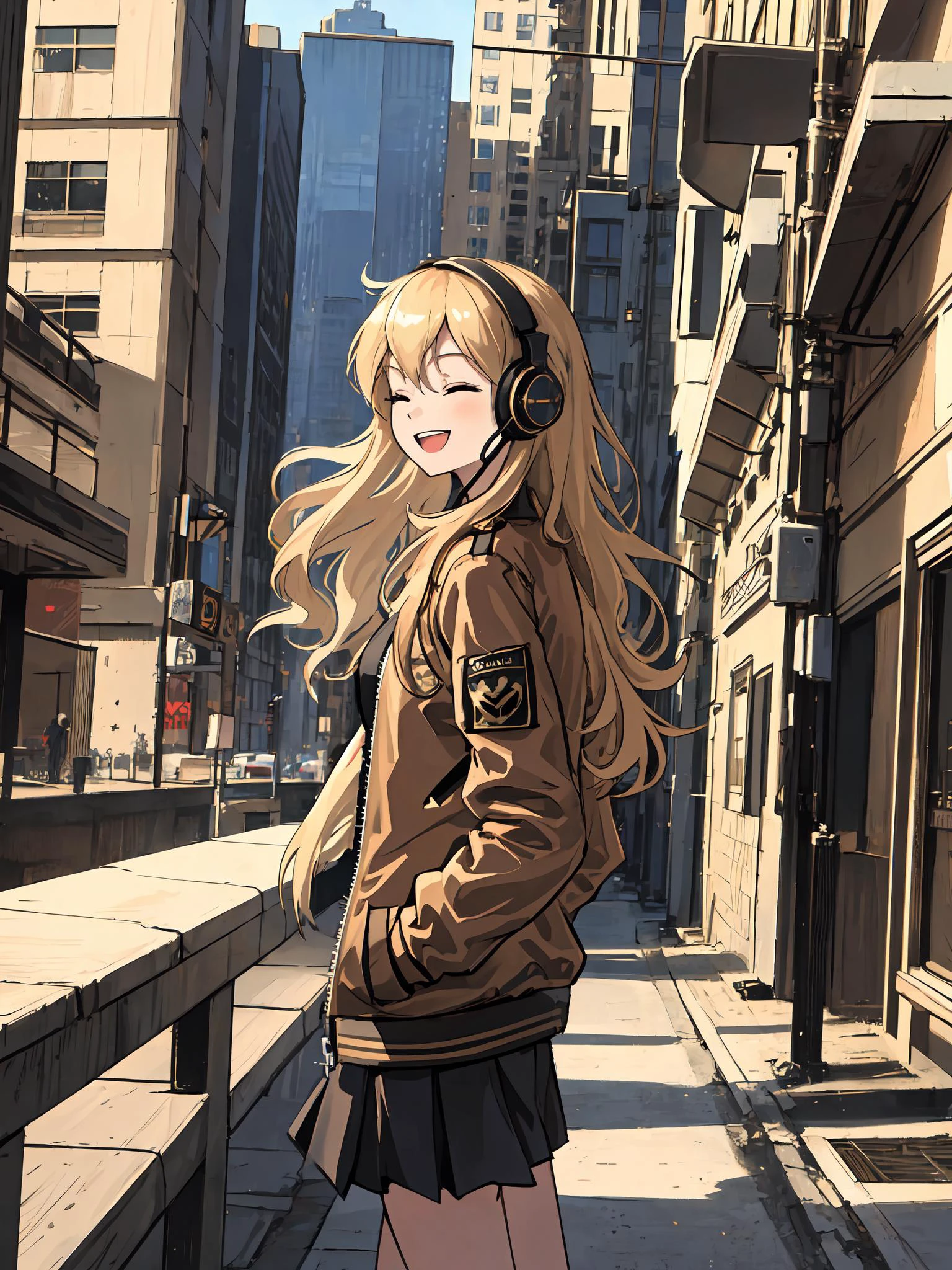 ((masterpiece, best quality)), (1girl), (solo), (female focus), (blonde long hair), closed eyes, happy smile, open mouth, headset, (brown bomber jacket), (black skirt), hands in pockets, (cityscape), sideview, looking at viewer,
