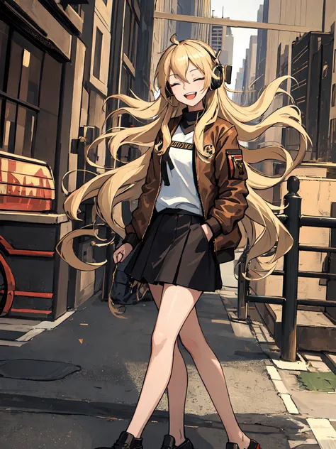 ((masterpiece, best quality)), (1girl), (solo), (female focus), (blonde long hair), closed eyes, happy smile, open mouth, headset, (brown bomber jacket), (black skirt), hands in pockets, (cityscape), sideview, looking at viewer,
