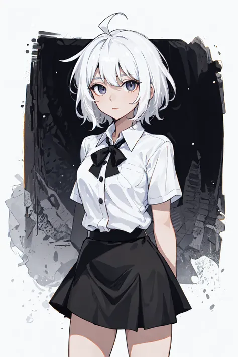 ((masterpiece, best quality)), (1girl), (solo), (female focus), (ahoge, white hair, short hair), black eyes, ((white shirt), (buttoned shirt)), ((black skirt), (short skirt)), standing, white background, arms behind back