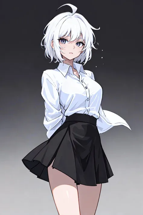 ((masterpiece, best quality)), (1girl), (solo), (female focus), (ahoge, white hair, short hair), black eyes, ((white shirt), (buttoned shirt)), ((black skirt), (short skirt)), standing, white background, arms behind back