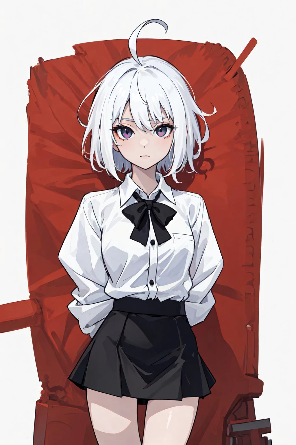 ((masterpiece, best quality)), (1girl), (solo), (female focus), (ahoge, white hair, short hair), black eyes, ((white shirt), (buttoned shirt)), ((black skirt), (short skirt)), standing, white background, arms behind back
