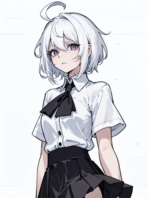 ((masterpiece, best quality)), (1girl), (solo), (female focus), (ahoge, white hair, short hair), black eyes, ((white shirt), (buttoned shirt)), ((black skirt), (short skirt)), standing, white background, arms behind back