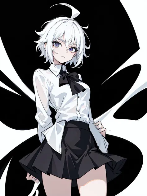 ((masterpiece, best quality)), (1girl), (solo), (female focus), (ahoge, white hair, short hair), black eyes, ((white shirt), (buttoned shirt)), ((black skirt), (short skirt)), standing, white background, arms behind back