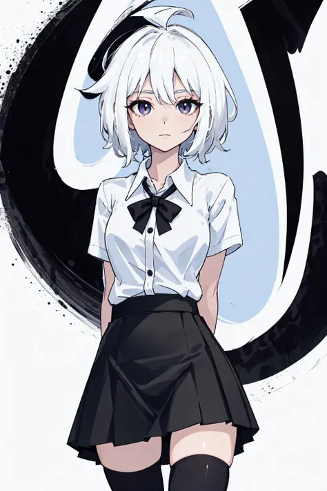 ((masterpiece, best quality)), (1girl), (solo), (female focus), (ahoge, white hair, short hair), black eyes, ((white shirt), (buttoned shirt)), ((black skirt), (short skirt)), standing, white background, arms behind back