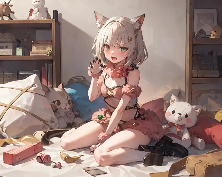 ((illustration, masterpiece, best quality, 8k wallpaper, ultra-detailed)),(1girl, solo, animal ears, W-legs, wariza, shoes, white silk stocking)), looking at viewer,((messy room, surrounded by toys)), (angry face, blush, mouth open, bare fangs), full body, sunlight, day, multicolored background, <lora:CostumeDangerousBeast_v106:1.1>, mash kyrielight \(dangerous beast\) \(cosplay\), (fur trim, claw pose, scratch)