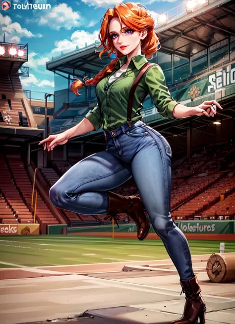 ((best quality)), ((highly detailed)), masterpiece, absurdres, (detailed eyes, deep eyes), <lora:more_details:.7>, (1girl), full body, <lora:leah:.9>, leah, orange hair, braid, single braid, purple eyes, smiling, green shirt, jeans, suspenders, boots, (at a stadium, midday)