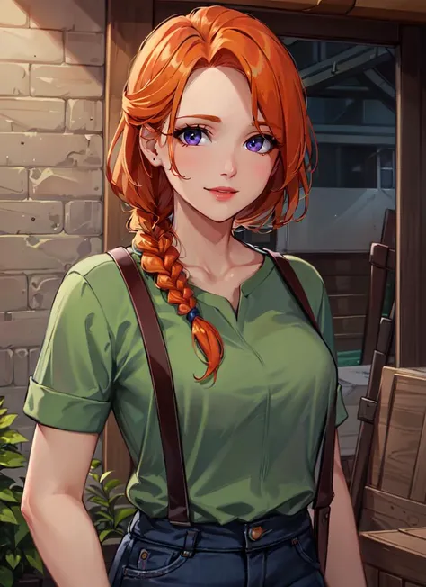 ((best quality)), ((highly detailed)), masterpiece, absurdres, extremely detailed face, beautiful face, (detailed eyes, deep eyes), (1girl), upper body, <lora:leah:.7>, leah, orange hair, braid, single braid, purple eyes, smiling, green shirt, jeans, suspenders, boots, (inside, in a garage)